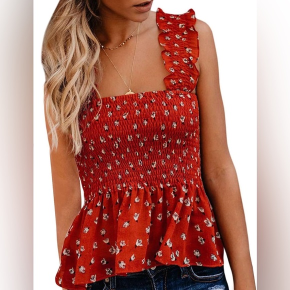 Red Floral Ruched Ruffle Women’s Tank Top Size Small - Picture 2 of 6